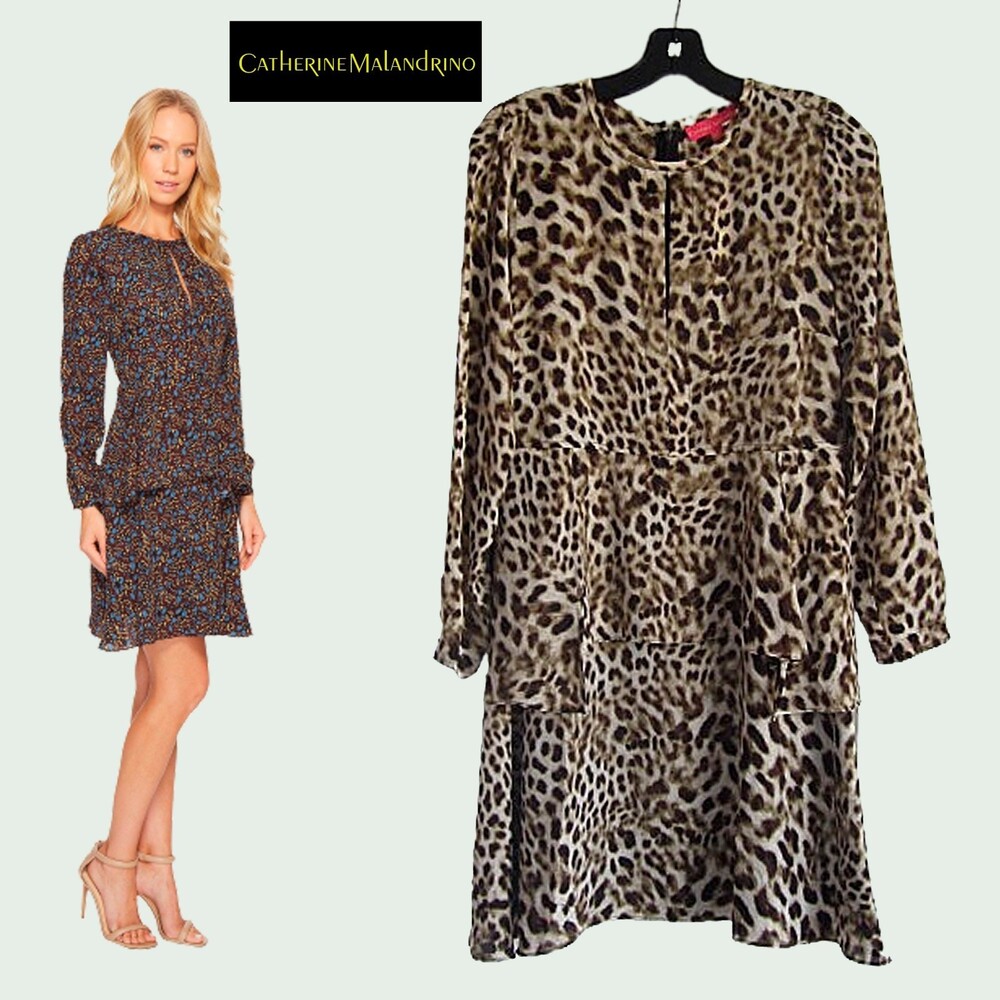 CATHERINE MALANDRINO NEW Bohemian Keyhole Peplum Leopard Print Dress M